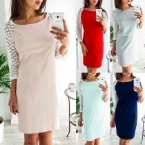 Fashion Lace Spliced 3/4 Sleeve Round Neck Slim Fit Dress