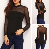 Sexy See-through Gauze Spliced Long Sleeve Round Neck T-shirt