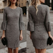 Fashion Solid Color 3/4 Trumpet Sleeve Round Neck Slim Fit Dress