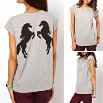 Fashion Short Sleeve Round Neck Horse Printed T-shirt 