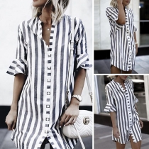 Fashion Half Sleeve Stand Collar Single-breasted Striped Shirt Dress