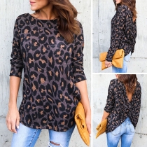 Sexy Backless Long Sleeve Round Neck Leopard Print T-shirt 