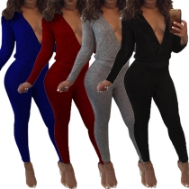 Sexy Backless Deep V-neck Long Sleeve Solid Color Tight Jumpsuit 