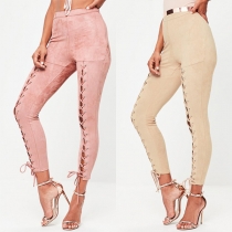 Fashion Solid Color High Waist Lace-up Tight Pants