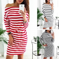 Sexy Off-shoulder Boat Neck Long Sleeve Striped Dress