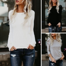 Sexy Backless Long Sleeve Round Neck Solid Color T-shirt 