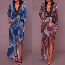 Bohemian Style Long Sleeve Deep V-neck Printed Maxi Dress