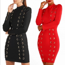 Sexy Long Sleeve Round Neck Keyhole Lace-up Tight Dress