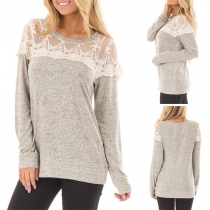 Fashion Lace Spliced Long Sleeve Round Neck Loose T-shirt 