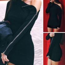 Fashion Solid Color Long Sleeve Slim Fit Zipper Dress