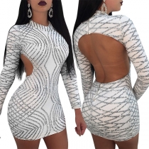 Sexy Backless Long Sleeve Sequin Bodycon Dress