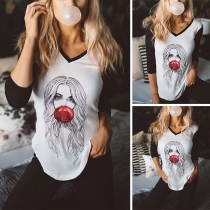 Fashion Contrast Color 3/4 Sleeve Round Neck Printed T-shirt 