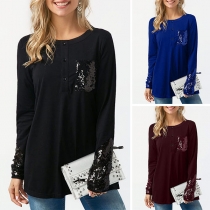 Fashion Sequin Spliced Long Sleeve Round Neck T-shirt