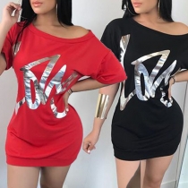 Fashion Gold-tone Letters Printed Short Sleeve Round Neck Dress
