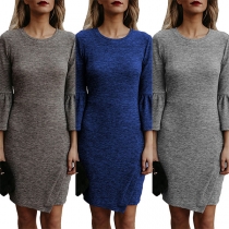 Fashion Solid Color 3/4 Trumpet Sleeve Round Neck Slim Fit Dress