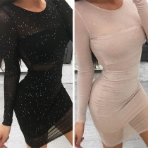 Sexy Long Sleeve Round Neck Sequin Spliced See-through Gauze Dress