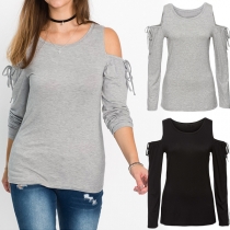 Sexy Off-shoulder Long Sleeve Round Neck Solid Color T-shirt 