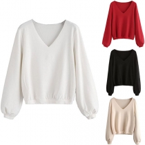 Simple Style Long Sleeve V-neck Solid Color Sweatshirt 