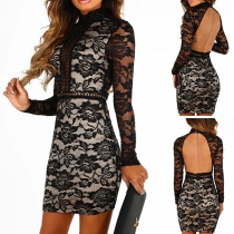 Sexy Backless Long Sleeve Slim Fit Lace Dress