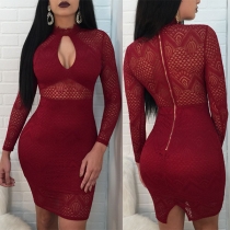Sexy Long Sleeve Solid Color Hollow Out Lace Tight Dress