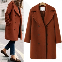 Elegant Solid Color Long Sleeve Double-breasted Woolen Coat 