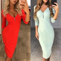 Elegant Solid Color 3/4 Sleeve V-neck High Waist Slim Fit Dress