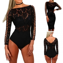 Sexy Backless Boat Neck Hollow Lace Spliced Bodysuit 