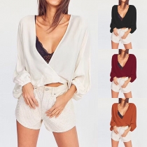 Sexy Deep V-neck Lantern Sleeve Solid Color Chiffon Top 