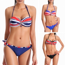Sexy Backless Printed Lace-up Halter Bikini Set 