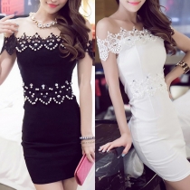 Sexy Off-shoulder Boat Neck Lace Spliced High Waist Slim Fit Dress