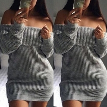 Sexy Off-shoulder Boat Neck Long Sleeve Solid Color Sweater Dress