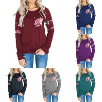 Fashion Long Sleeve Round Neck Printed Spliced T-shirt 