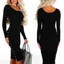 Elegant Solid Color Long Sleeve Round Neck Rivets Tight Dress