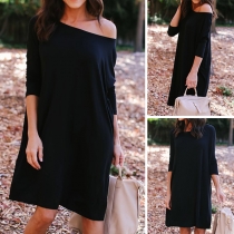 Simple Style Long Sleeve Round Neck Solid Color Dress