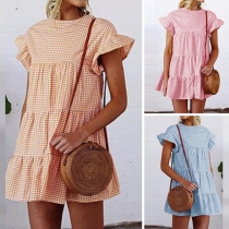 Fashion Lotus Sleeve Round Neck Plaid Dress