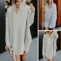 Fashion Solid Color Long Sleeve V-neck Loose Sweater Dress