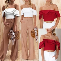 Sexy Off-shoulder Ruffle Boat Neck Solid Color Crop Top