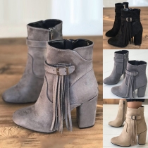 Fashion Thick High-heeled Round Toe Tassel Ankle Boots