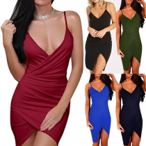 Sexy Backless V-neck Irregular Hem Solid Color Sling Dress