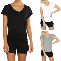 Sexy Backless Short Sleeve Knotted Hem Solid Color T-shirt 