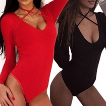 Fashion Solid Color Long Sleeve Round Neck Crossover Halter Bodysuit