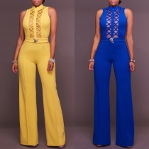 Sexy Backless Hollow Out Sleeveless High Waist Solid Color Jumpsuit 