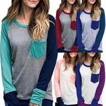 Fashion Contrast Color Long Sleeve Round Neck T-shirt 