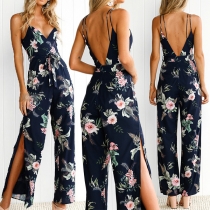 Sexy Backless V-neck Side-slit Hem Printed Sling Jumpsuit 