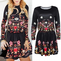Fashion Long Sleeve Round Neck Elastic Waist Printed Dress