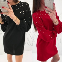 Fashion Solid Color Long Sleeve Round Neck Beaded Dress