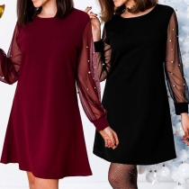 Fashion Gauze Spliced Long Sleeve Round Neck Solid Color Dress