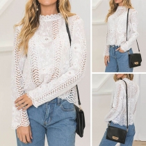 Fashion Solid Color Long Sleeve Hollow Out Lace Top 