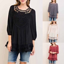 Fashion Lace Spliced 3/4 Sleeve Round Neck Loose T-shirt 