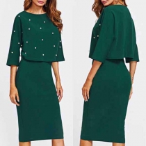 Elegant Solid Color Half Sleeve Beaded Top + High Waist Skirt Two-piece Set 